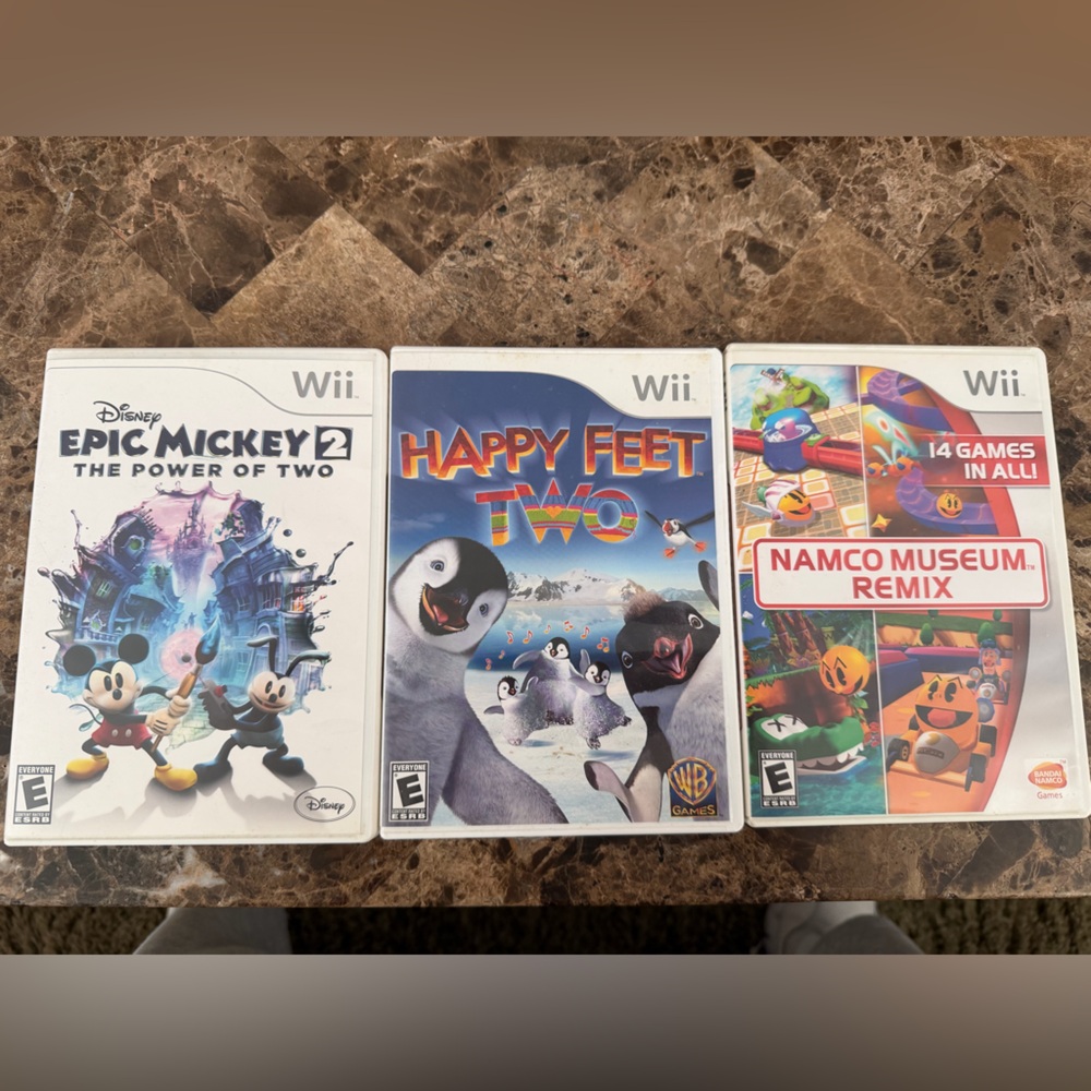 Wii Video Game Bundle - Epic Mickey 2, Happy Feet Two, Namco Museum Remix